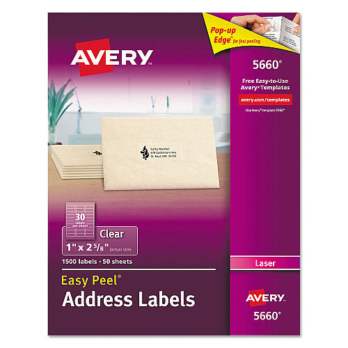Avery Matte Clear Easy Peel Mailing Labels w/ Sure Feed Technology, Laser Printers, 1 x 2.63, Clear, 30/Sheet, 50 Sheets/Box (5660)