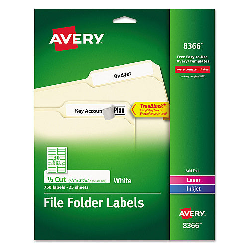 Avery Permanent TrueBlock File Folder Labels with Sure Feed Technology, 0.66 x 3.44, White, 30/Sheet, 25 Sheets/Pack (AVE8366)