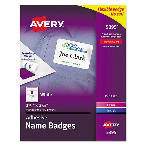 Avery Flexible Adhesive Name Badge Labels, 3.38 x 2.33, White, 400/Box (AVE5395)