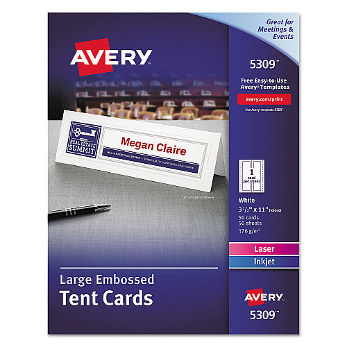 Avery Large Embossed Tent Card, White, 3.5 x 11, 1 Card/Sheet, 50 Sheets/Box (AVE5309)