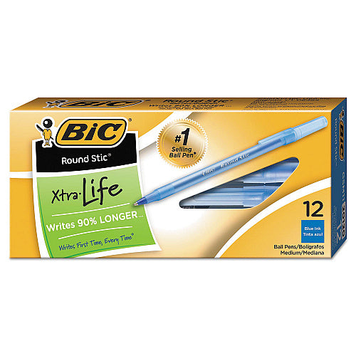 BIC Round Stic Xtra Life Ballpoint Pen, Stick, Medium 1 mm, Blue Ink, Translucent Blue Barrel, Dozen (GSM11BE)