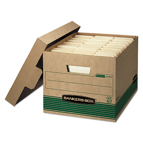 Bankers Box STOR/FILE Medium-Duty 100% Recycled Storage Boxes, Letter/Legal Files, 12.5" x 16.25" x 10.25", Kraft/Green, 12/Carton (FEL12770)