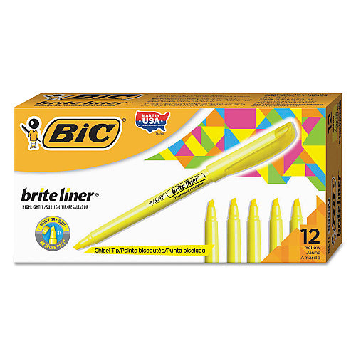 BIC Brite Liner Highlighter, Fluorescent Yellow Ink, Chisel Tip, Yellow/Black Barrel, Dozen (BICBL11YW)