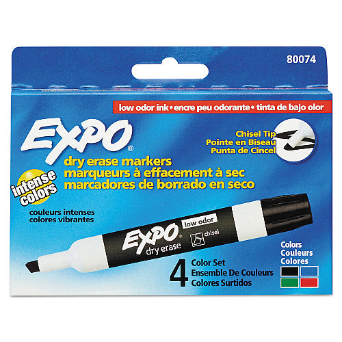 EXPO Low-Odor Dry-Erase Marker, Broad Chisel Tip, Assorted Colors, 4/Set (SAN80074)