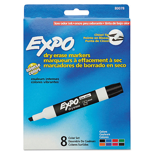 EXPO Low-Odor Dry-Erase Marker, Broad Chisel Tip, Assorted Colors, 8/Set (SAN80078)