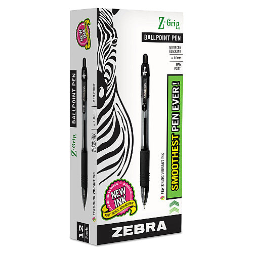 Zebra Z-Grip Ballpoint Pen, Retractable, Medium 1 mm, Black Ink, Clear/Black Barrel, 12/Pack (22210)