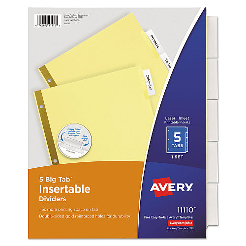 Avery Insertable Big Tab Dividers, 5-Tab, Double-Sided Gold Edge Reinforcing, 11 x 8.5, Buff, Clear Tabs, 1 Set (AVE11110