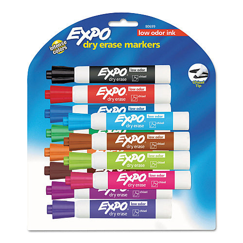 EXPO Low-Odor Dry-Erase Marker, Broad Chisel Tip, Assorted Colors, 12/Set (SAN80699)