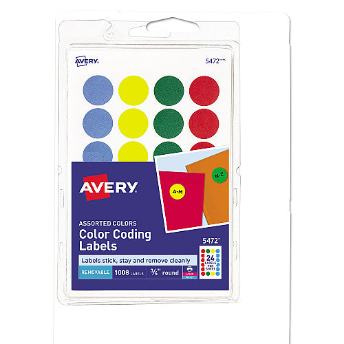 Avery Printable Self-Adhesive Removable Color-Coding Labels, 0.75" dia, Assorted Colors, 24/Sheet, 42 Sheets/Pack, (5472) (AVE05472)