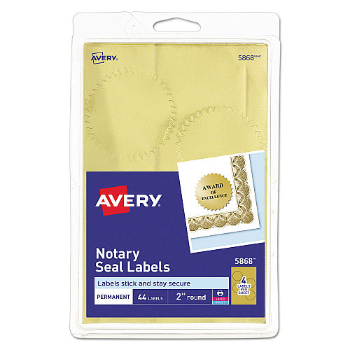 Avery Printable Gold Foil Seals, 2" dia, Gold, 4/Sheet, 11 Sheets/Pack, (5868) (AVE05868)