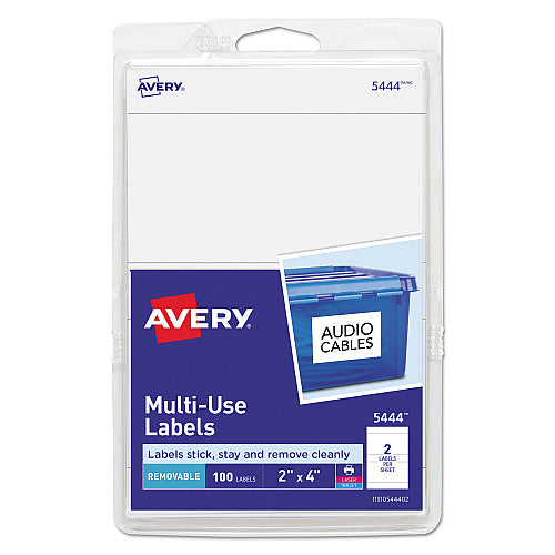 Avery Removable Multi-Use Labels, Inkjet/Laser Printers, 2 x 4, White, 2/Sheet, 50 Sheets/Pack, (5444) (05444)