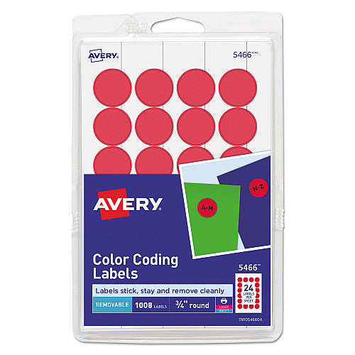 Avery Printable Self-Adhesive Removable Color-Coding Labels, 0.75" dia, Red, 24/Sheet, 42 Sheets/Pack, (5466) (05466)