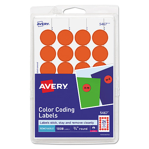 Avery Printable Self-Adhesive Removable Color-Coding Labels, 0.75" dia, Neon Red, 24/Sheet, 42 Sheets/Pack, (5467) (05467)