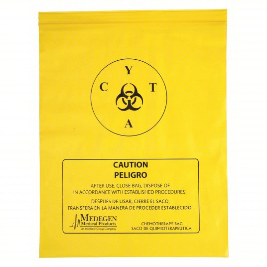 Chemo Waste Bags: 1/2 gal Capacity, 12 in Wd, 15 in Ht, Caution, Zip Seal, 100 PK (3UAD5)