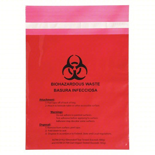 Biohazard Bags: 1/2 gal Capacity, 9 in Wd, 10 in Ht, Biohazard, Red, 100 PK (45TV13)
