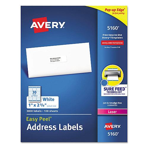 Avery Easy Peel White Address Labels w/ Sure Feed Technology, Laser Printers, 1 x 2.63, White, 30/Sheet, 100 Sheets/Box (AVE5160)