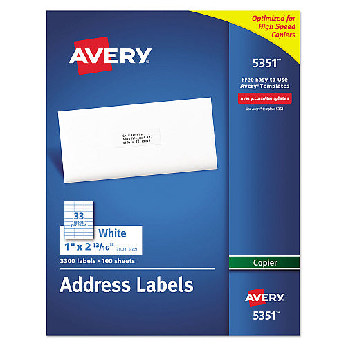 Avery Copier Mailing Labels, Copiers, 1 x 2.81, White, 33/Sheet, 100 Sheets/Box (AVE5351)
