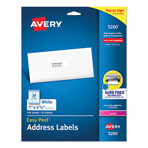 Avery Easy Peel White Address Labels w/ Sure Feed Technology, Laser Printers, 1 x 2.63, White, 30/Sheet, 25 Sheets/Pack (AVE5260) Avery Brand: Av