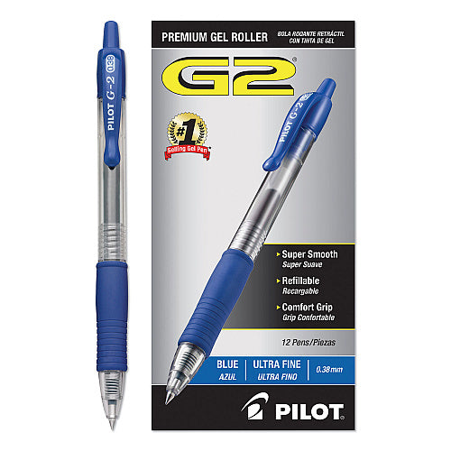 Pilot G2 Premium Gel Pen Convenience Pack, Retractable, Extra-Fine 0.38 mm, Blue Ink, Smoke/Blue Barrel, Dozen (PIL31278)
