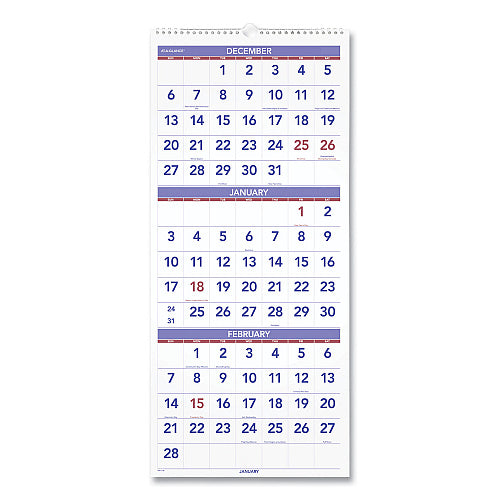 AT-A-GLANCE Deluxe Three-Month Reference Wall Calendar, Vertical Orientation, 12 x 27, White Sheets, 14-Month: Dec 2025 to Jan 2027 (PM112826)