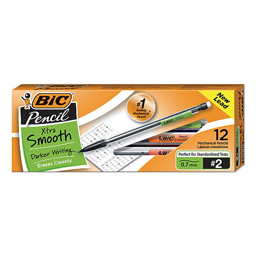 BIC Xtra Smooth Mechanical Pencils with Tube of Lead, 0.7 mm, HB (#2), Black Lead, Clear Barrel, Dozen (BICMP11)