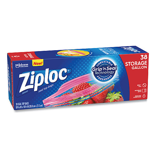 Ziploc Double Zipper Storage Bags, Triple System Seal, Gallon, 10.56" x 10.75", Clear, 38/Box (SJN314470BX)