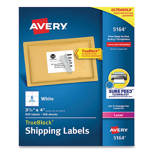 Avery Shipping Labels w/ TrueBlock Technology, Laser Printers, 3.33 x 4, White, 6/Sheet, 100 Sheets/Box (AVE5164)