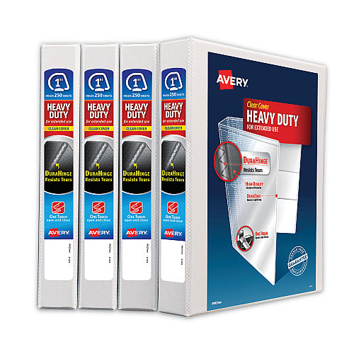 Avery Heavy-Duty Non Stick View Binder with DuraHinge and Slant Rings, 3 Rings, 1" Capacity, 11 x 8.5, White, 4/Pack (AVE79780)