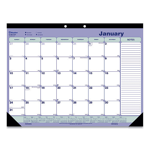 Blueline Monthly Desk Pad Calendar, 21.25 x 16, White/Blue/Green Sheets, Black Binding, Black Corners, 12-Month (Jan to Dec): 2026 (REDC181731)