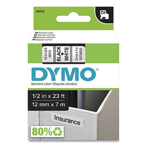 D1 High-Performance Polyester Removable Label Tape, 0.5" x 23 ft, Black on White (DYM45013)