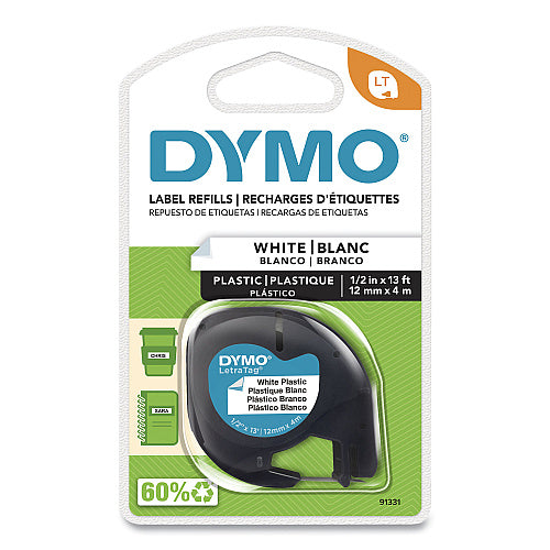 DYMO LetraTag Plastic Label Tape Cassette, 0.5" x 13 ft, White (DYM91331)