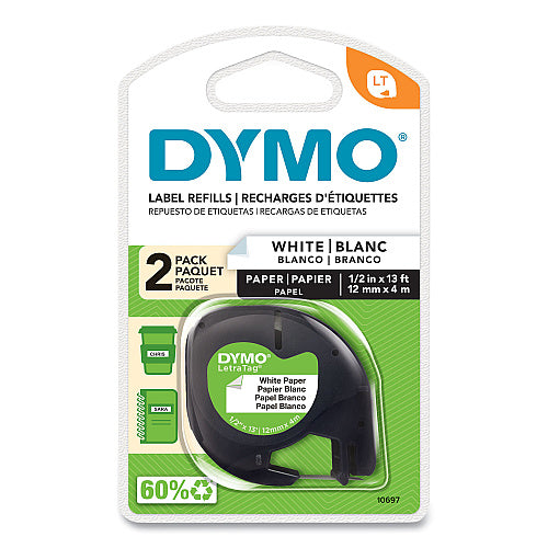 DYMO LetraTag Paper Label Tape Cassettes, 0.5" x 13 ft, White, 2/Pack (DYM10697)