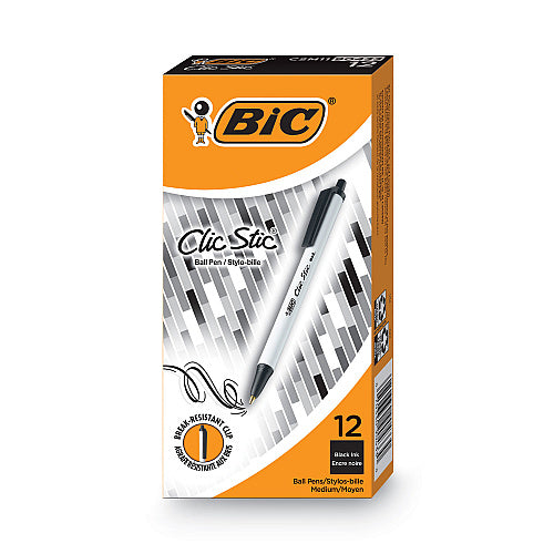 BIC Clic Stic Ballpoint Pen, Retractable, Medium 1 mm, Black Ink, White Barrel, Dozen (BICCSM11BK)