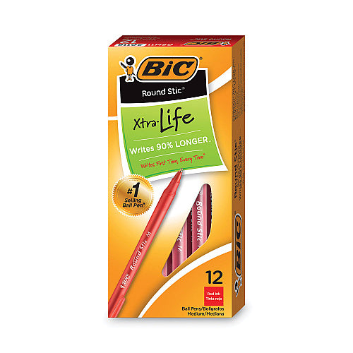 BIC Round Stic Xtra Life Ballpoint Pen, Stick, Medium 1 mm, Red Ink, Translucent Red Barrel, Dozen (BICGSM11RD)