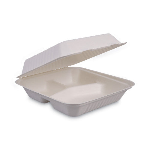 Bagasse Food Containers, Hinged-Lid, 3-Compartment 9 x 9 x 3.19, White, Sugarcane, 100/Sleeve, 2 Sleeves/Carton (HINGEWF3CM9)