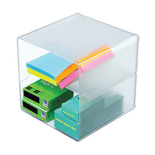 Deflecto Stackable Cube Organizer, Divided, 2 Compartments, Plastic, 6 x 6 x 6, Clear (DEF350701)
