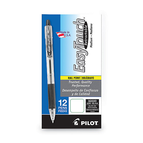 Pilot EasyTouch Ballpoint Pen, Retractable, Medium 1 mm, Black Ink, Clear Barrel, Dozen (PIL32220)