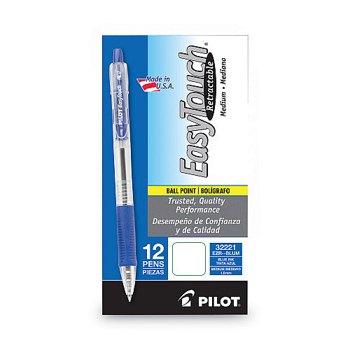 Pilot EasyTouch Ballpoint Pen, Retractable, Medium 1 mm, Blue Ink, Clear Barrel, Dozen (PIL32221)