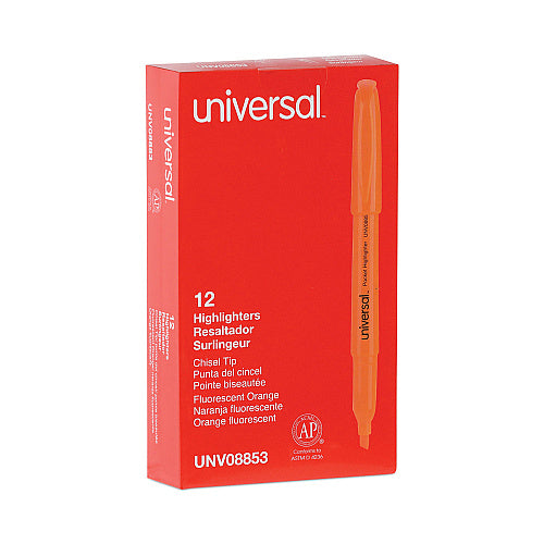 Universal Pocket Highlighters, Fluorescent Orange Ink, Chisel Tip, Orange Barrel, Dozen (UNV08853)