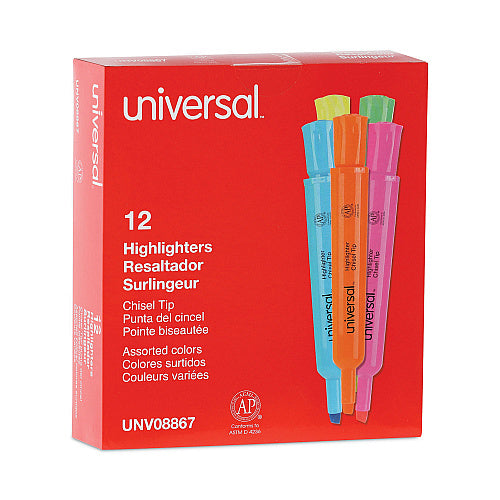 Universal Desk Highlighters, Assorted Ink Colors, Chisel Tip, Assorted Barrel Colors, Dozen (UNV08867)