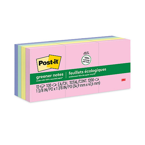 Post-it Original Recycled Note Pads, 1.38" x 1.88", Sweet Sprinkles Collection Colors, 100 Sheets/Pad, 12 Pads/Pack (MMM653RPA)