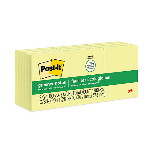 Post-it Original Recycled Note Pads, 1.5" x 2", Canary Yellow, 100 Sheets/Pad, 12 Pads/Pack (MMM653RPYW)