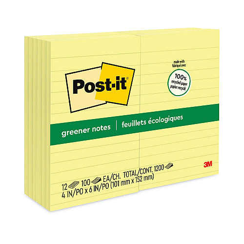 Post-it Original Recycled Note Pads, Note Ruled, 4" x 6", Canary Yellow, 100 Sheets/Pad, 6 Pads/Pack (MMM660RPYW-6PK)