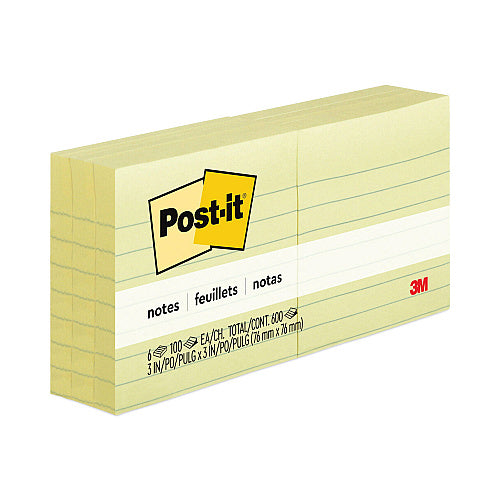 Post-it Original Pads in Canary Yellow, Note Ruled, 3" x 3", 100 Sheets/Pad, 6 Pads/Pack (MMM6306PK)