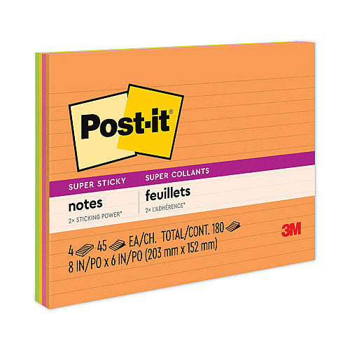 Post-it Meeting Notes in Energy Boost Collection Colors, Note Ruled, 8" x 6", 45 Sheets/Pad, 4 Pads/Pack (MMM6845SSPL)