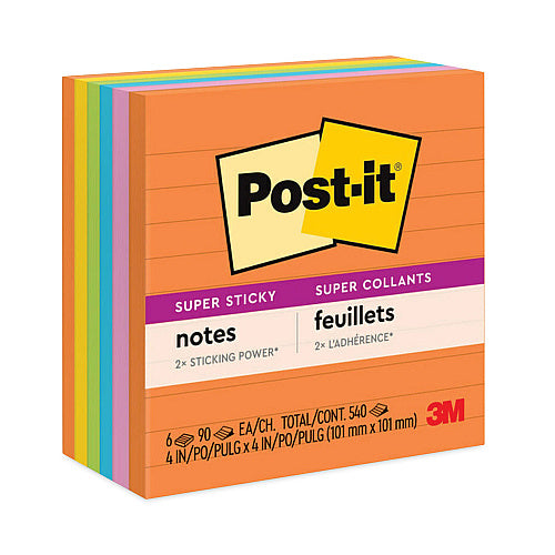 Post-it Pads in Energy Boost Collection Colors, Note Ruled, 4" x 4", 90 Sheets/Pad, 6 Pads/Pack (MMM6756SSUC)