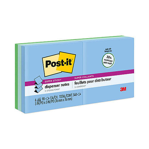 Post-it Recycled Pop-up Notes in Oasis Collection Colors, 3 x 3, 90 Sheets/Pad, 6 Pads/Pack (MMMR330R6SST)