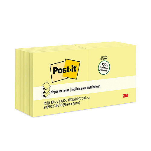 Post-it Original Recycled Pop-up Notes, 3" x 3", Canary Yellow, 100 Sheets/Pad, 12 Pads/Pack (R330RP12YW)