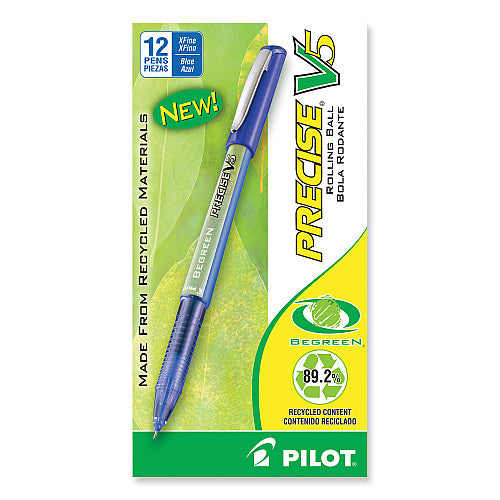 Pilot Precise V5 BeGreen Roller Ball Pen, Stick, Extra-Fine 0.5 mm, Blue Ink, Blue Barrel, Dozen (PIL26301)
