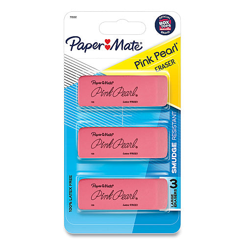 Paper Mate Pink Pearl Eraser, For Pencil Marks, Rectangular Block, Medium, Pink, 3/Pack (70502)